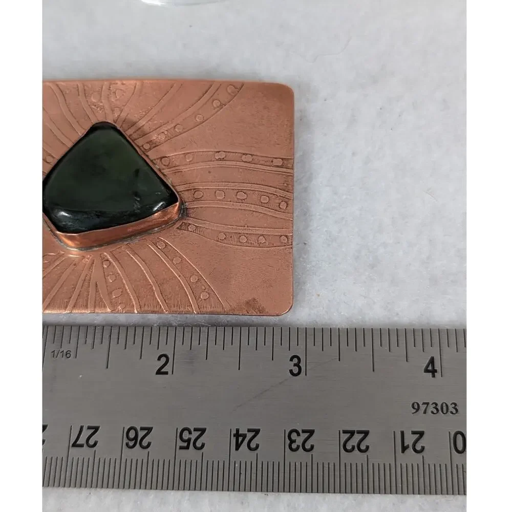 Vtge Hand etched Copper belt buckle with Jade 27/8